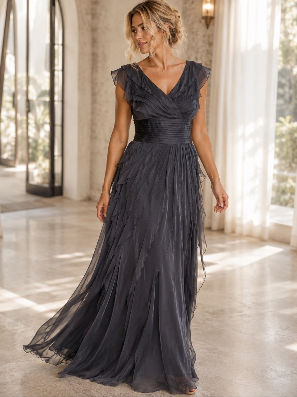 Adrianna Papell Charcoal Gray Ruffled Chiffon Midi Dress